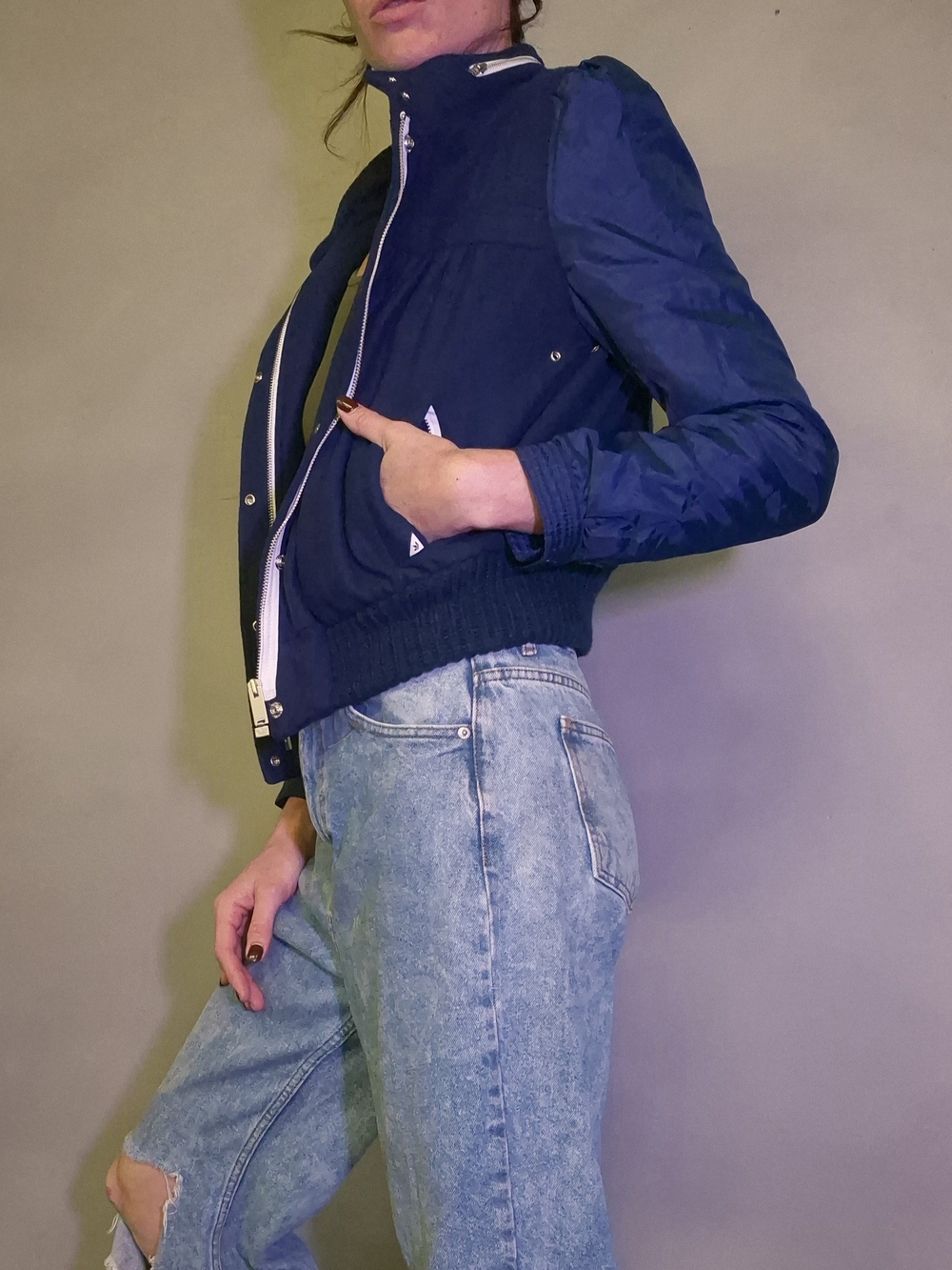 adidas Deep Navy Bomber Jacket with High Collar
